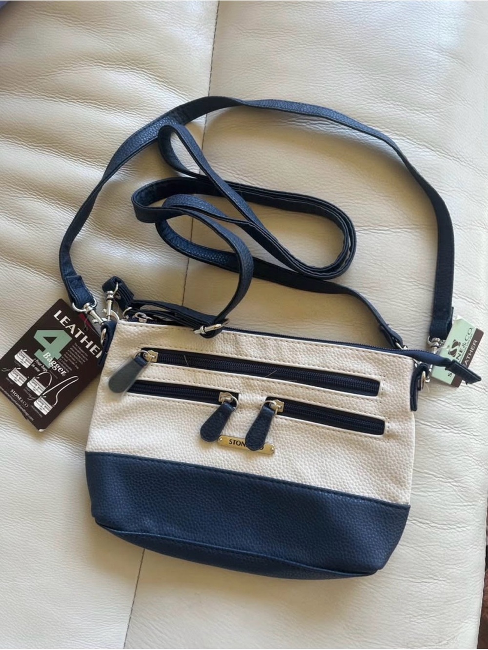 Stone & Co. Navy and Cream Leather Crossbody Bag